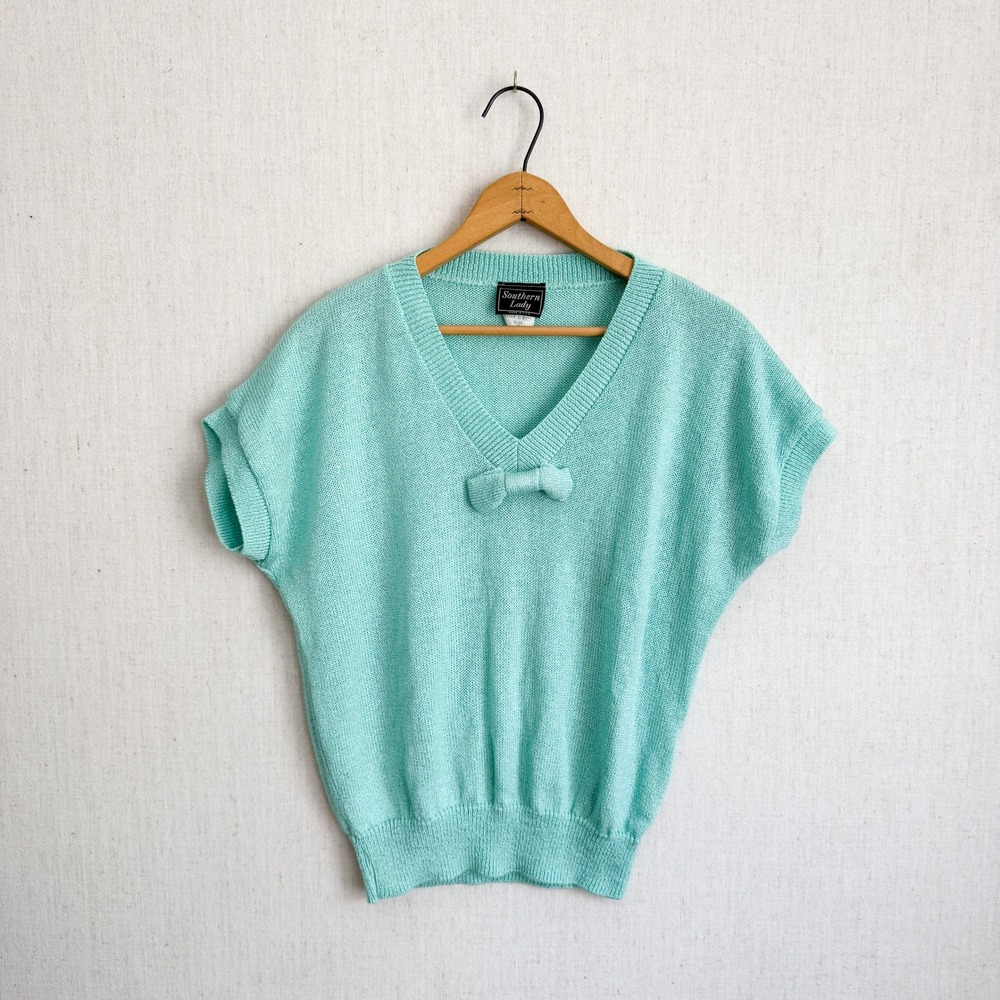 Southern Lady Knit Sweater Top Vintage Bow V-Neck M Aqua Mint Short Sleeve USA